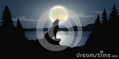 Wolf is howling to the full moon by the lake Vector Illustration