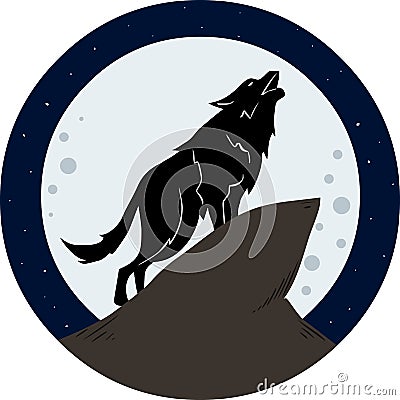 Wolf Howling To The Moon At Night Vector Illustration