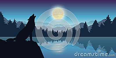 Wolf howls at full moon by the lake nature landscape Vector Illustration