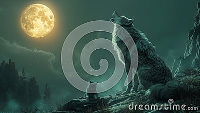 A wolf howls at the moon on a hill under the night sky Stock Photo