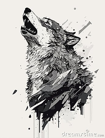 The wolf howls. Sketchy, graphical, color portrait of a wolf head on a white background Cartoon Illustration