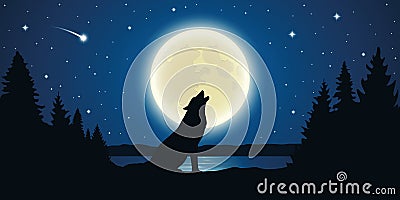 Wolf howls to the full moon in a starry night Vector Illustration