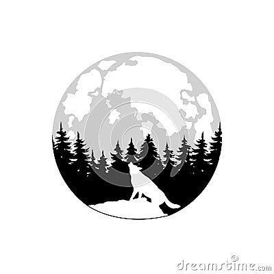 Wolf howls vector icon. Full moon and forest illustration sign. Wolf with moon symbol or logo. Vector Illustration
