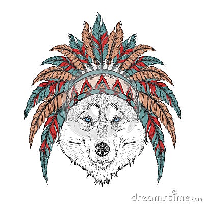 Wolf in the Indian roach. Indian feather headdress of eagle. Hand draw vector illustration Vector Illustration