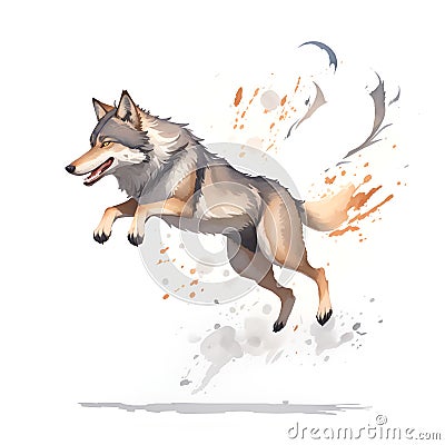 wolf jumping in cartoon style. Cute Little Cartoon wolf hunting isolated on white background. Watercolor drawing, hand-drawn wolf Cartoon Illustration