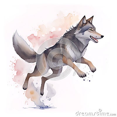 wolf jumping in cartoon style. Cute Little Cartoon wolf hunting isolated on white background. Watercolor drawing, hand-drawn wolf Cartoon Illustration