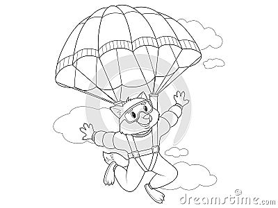 Wolf jumps with a parachute, flying in the sky. Vector isolated, children coloring book. Vector Illustration