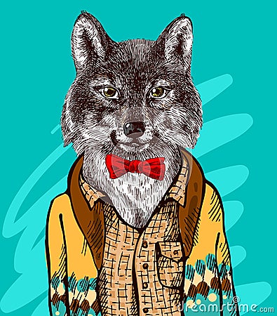 Wolf in knitted sweater. Vector Illustration