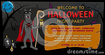 Wolf with lamp on background of moon and castle Halloween invitation. Welcome Halloween Night Party field text. Vector Vector Illustration