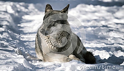 Wolf lying on the snow in the forest Stock Photo