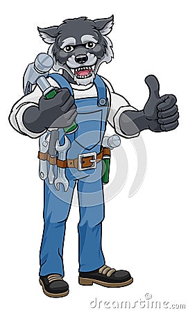 Wolf Mascot Carpenter Handyman Holding Hammer Vector Illustration