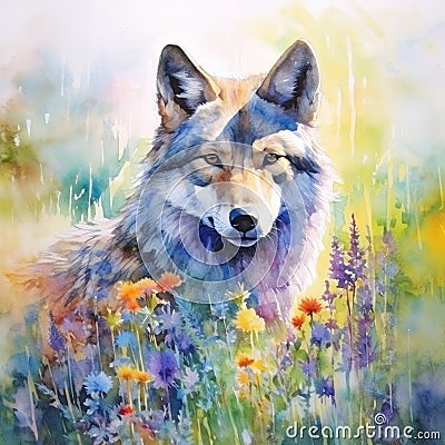 wolf in the meadow colorful watercolor painting,generated by AI Stock Photo