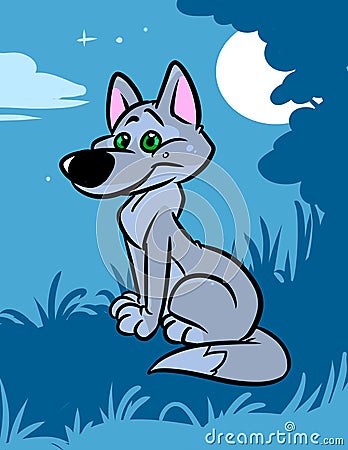 Wolf night forest nature animal character cartoon illustration Cartoon Illustration