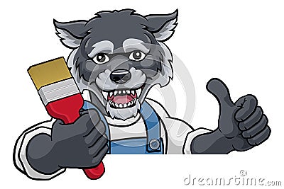 Wolf Painter Decorator Holding Paintbrush Vector Illustration