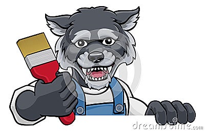 Wolf Painter Decorator Holding Paintbrush Vector Illustration