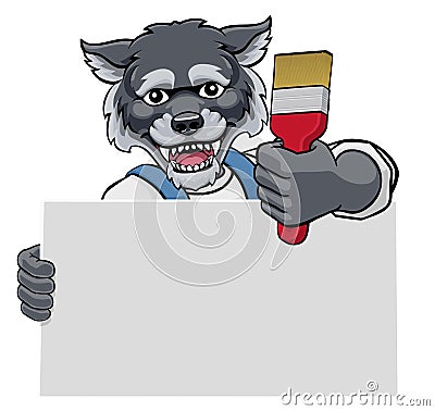 Wolf Painter Decorator Paint Brush Mascot Man Vector Illustration