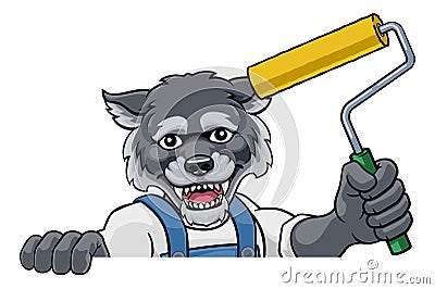 Wolf Painter Decorator Paint Roller Mascot Man Vector Illustration