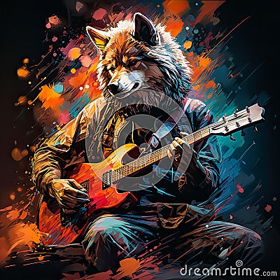 wolf playing guitar AI generated Cartoon Illustration