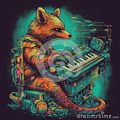 A wolf playing piano colorful vinatge generative AI Stock Photo