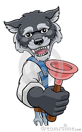 Wolf Plumber Cartoon Mascot Holding Plunger Vector Illustration