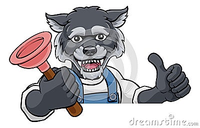 Wolf Plumber Cartoon Mascot Holding Plunger Vector Illustration