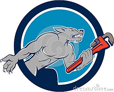 Wolf Plumber Monkey Wrench Circle Cartoon Vector Illustration