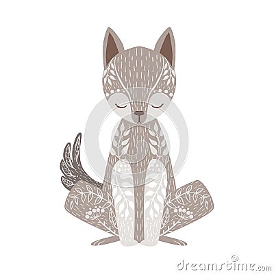 Wolf Relaxed Cartoon Wild Animal With Closed Eyes Decorated With Boho Hipster Style Floral Motives And Patterns Vector Illustration