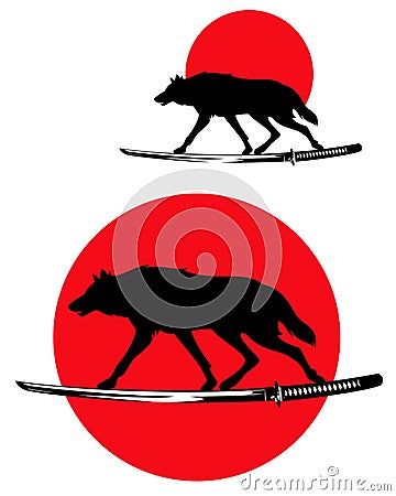 Japanese bushido warrior wolf and katana sword with red sun vector design set Vector Illustration