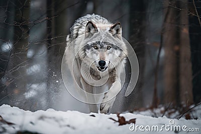 wolf running through snow-covered forest, its breath visible in the cold air Stock Photo