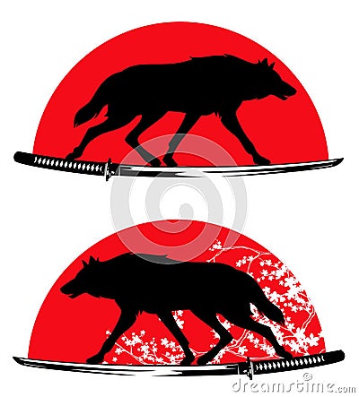Wolf, samurai katana sword, blooming sakura and red sun vector design set Vector Illustration