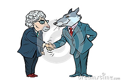 Wolf and sheep business negotiations, friendship isolate on white background Vector Illustration