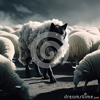 Wolf in sheep clothing. From Grace to Guile: The Deceptive Transformation. Seducing the Innocent: A Wolf's Ploy Stock Photo