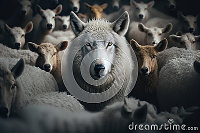 Wolf between sheeps, Generative AI Cartoon Illustration