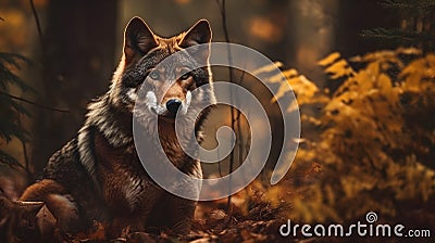 Wolf sit, observe, and hunting in the woods forest Stock Photo