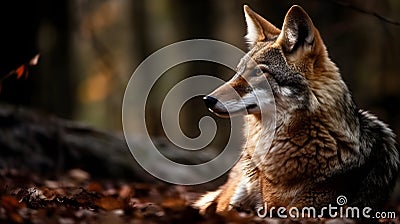 Wolf sit, observe, and relax in the woods, forest background Stock Photo