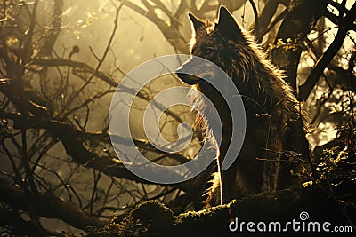 A wolf sits on a tree in the forest. solar light Stock Photo