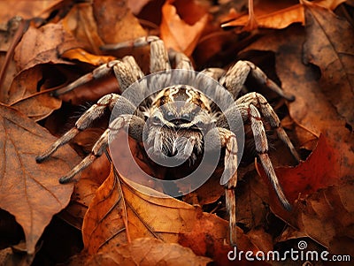 Wolf spider on fall leaves Cartoon Illustration