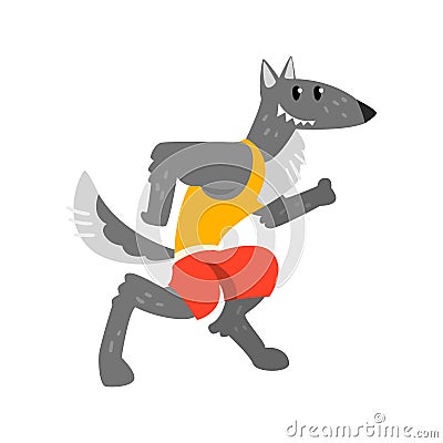 Wolf in sport uniform running, funny sportive wild animal character doing sports vector Illustration on a white Vector Illustration