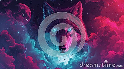 wolf stars moon skyblue maroon dark azure magenta realistic depictions Stock Photo