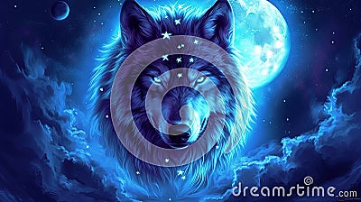 wolf stars moon skyblue maroon dark azure magenta realistic depictions Stock Photo