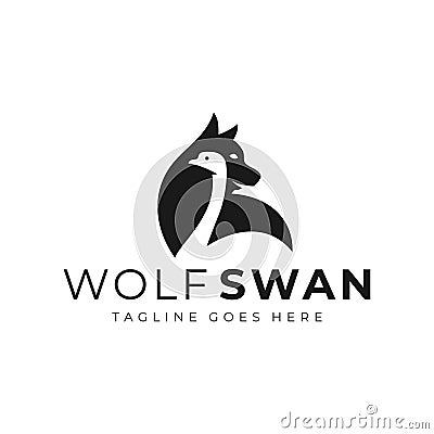 wolf swan negative space logo Vector Illustration