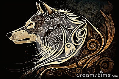 Wolf tattoo design in ornament. Idea sketch in tribal art style. AI generated Stock Photo