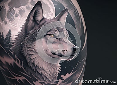 Wolf tattoo drawings are black and white, focusing mainly on the wolf's face Stock Photo