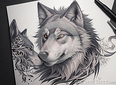 Wolf tattoo drawings are black and white, focusing mainly on the wolf's face Stock Photo