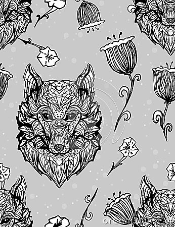 Wolf Vintage style gothic seamless pattern. Character tattoo design. Floral animal cover, summer t-shirt, sticker. Vector Illustration