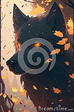 Wolf wallpaper, graphical, color portrait of a wolf head on a white dark with splashes of watercolor and golden leaves Stock Photo