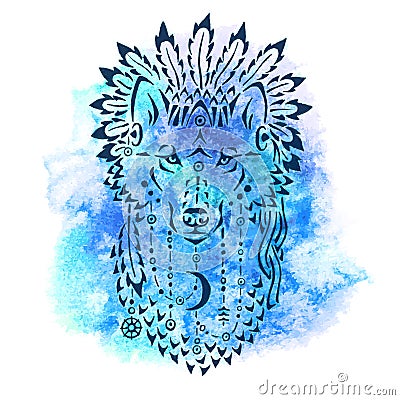 Wolf in war bonnet, hand drawn animal illustration Vector Illustration