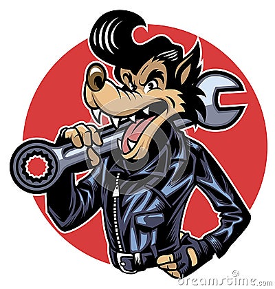 Wolf wearing leather jacket and holding a giant wrench Vector Illustration