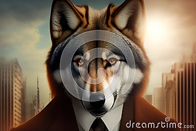 Generative AI: a wolf wearing a suit and tie in the street Stock Photo