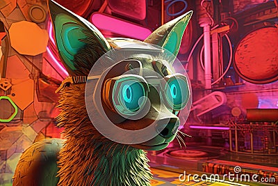 Wolf wearing VR headset in futuristic room. Virtual reality glasses Stock Photo